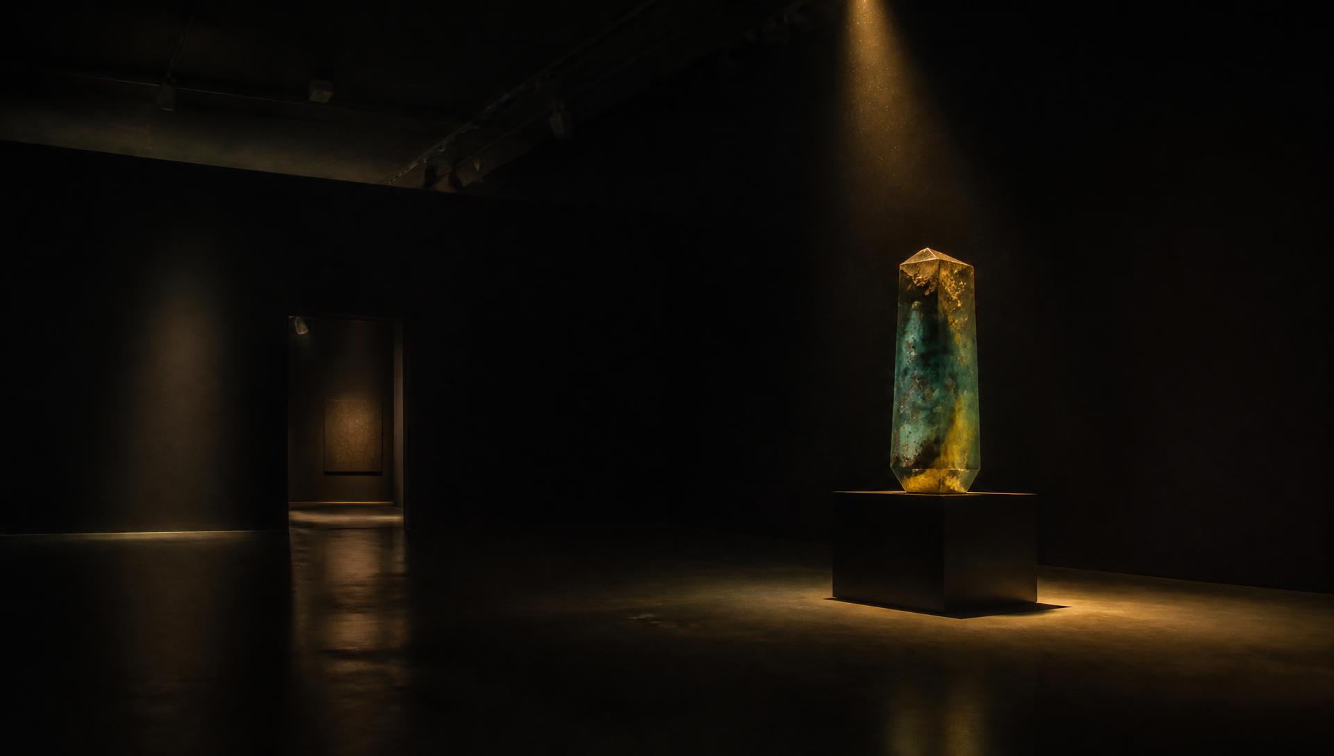 Salle de galerie sombre où une sculpture en résine est éclairée par un projecteur